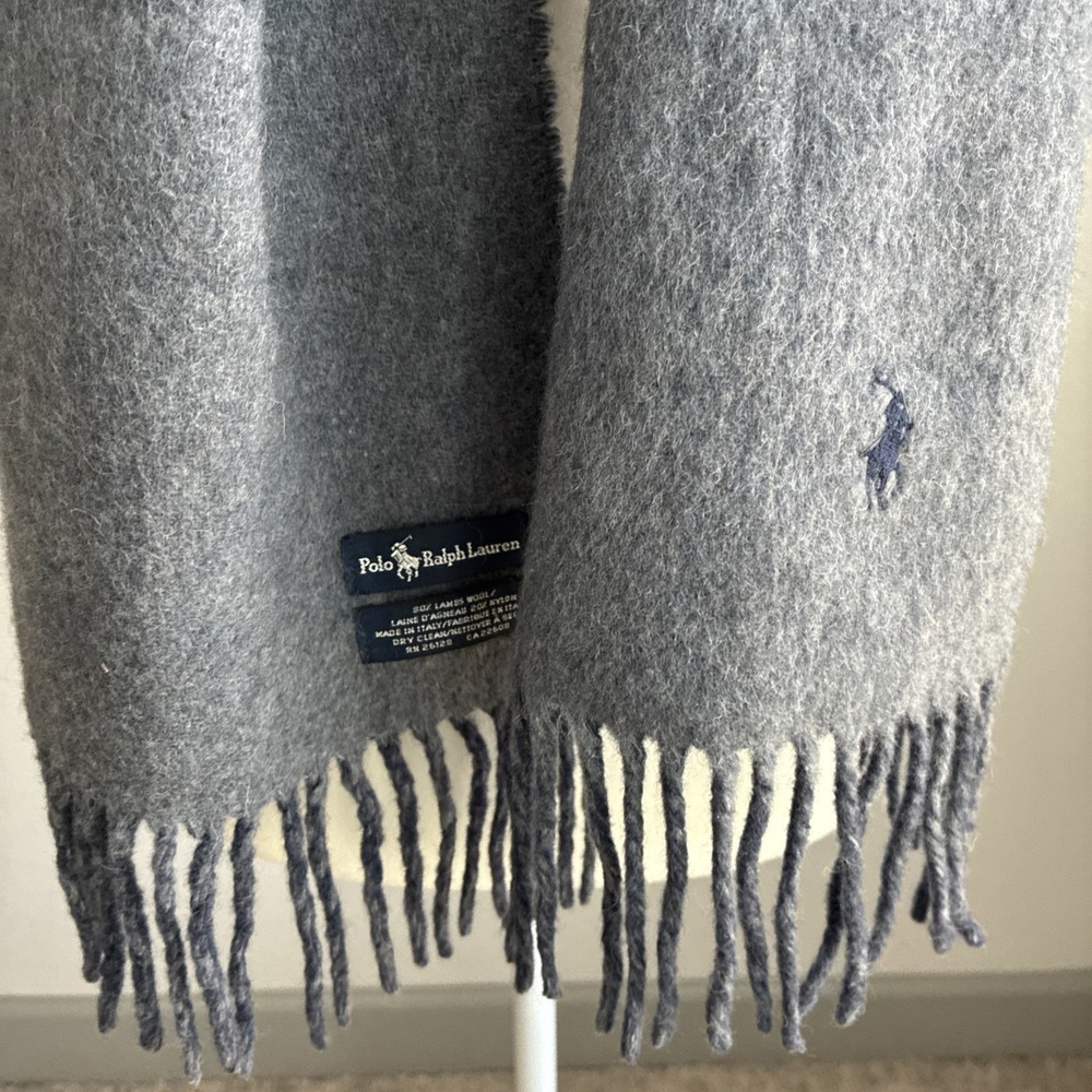 Vintage Polo Ralph Lauren Grey & Blue Reversible Lambswool Blend Fringe Scarf - Picture 2 of 13
